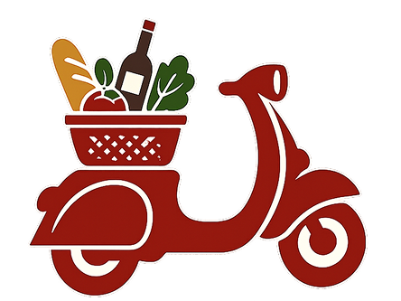 Red scooter with grocery delivery basket